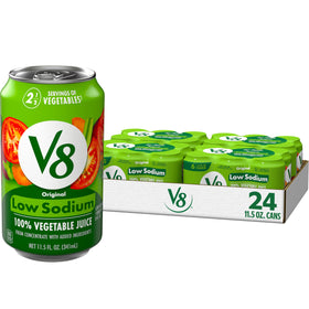 V8 Low Sodium Original vegetable juice can front view showing 2.5 servings per can