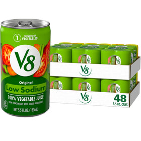 V8 Low Sodium Original vegetable juice can showing 5.5 oz serving for quick hydration