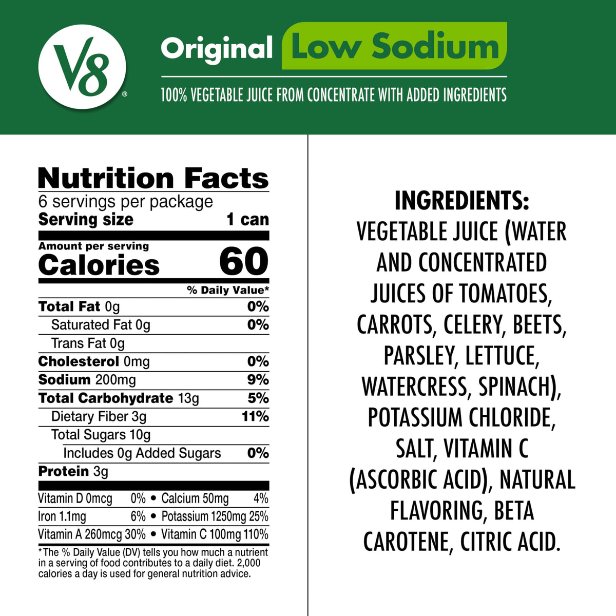V8 Low Sodium Original vegetable juice being poured over ice for a refreshing snack