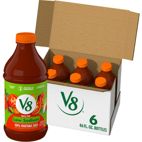 V8 Low Sodium Spicy Hot 46 oz bottle, ready for a veggie-forward breakfast or snack.