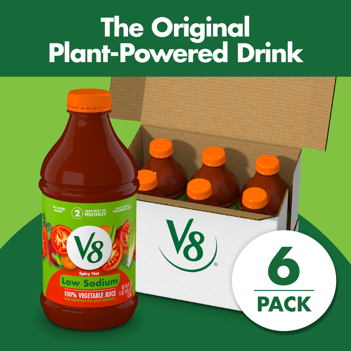Side view of V8 Low Sodium Spicy Hot bottle, highlighting low-sodium, bold flavor.