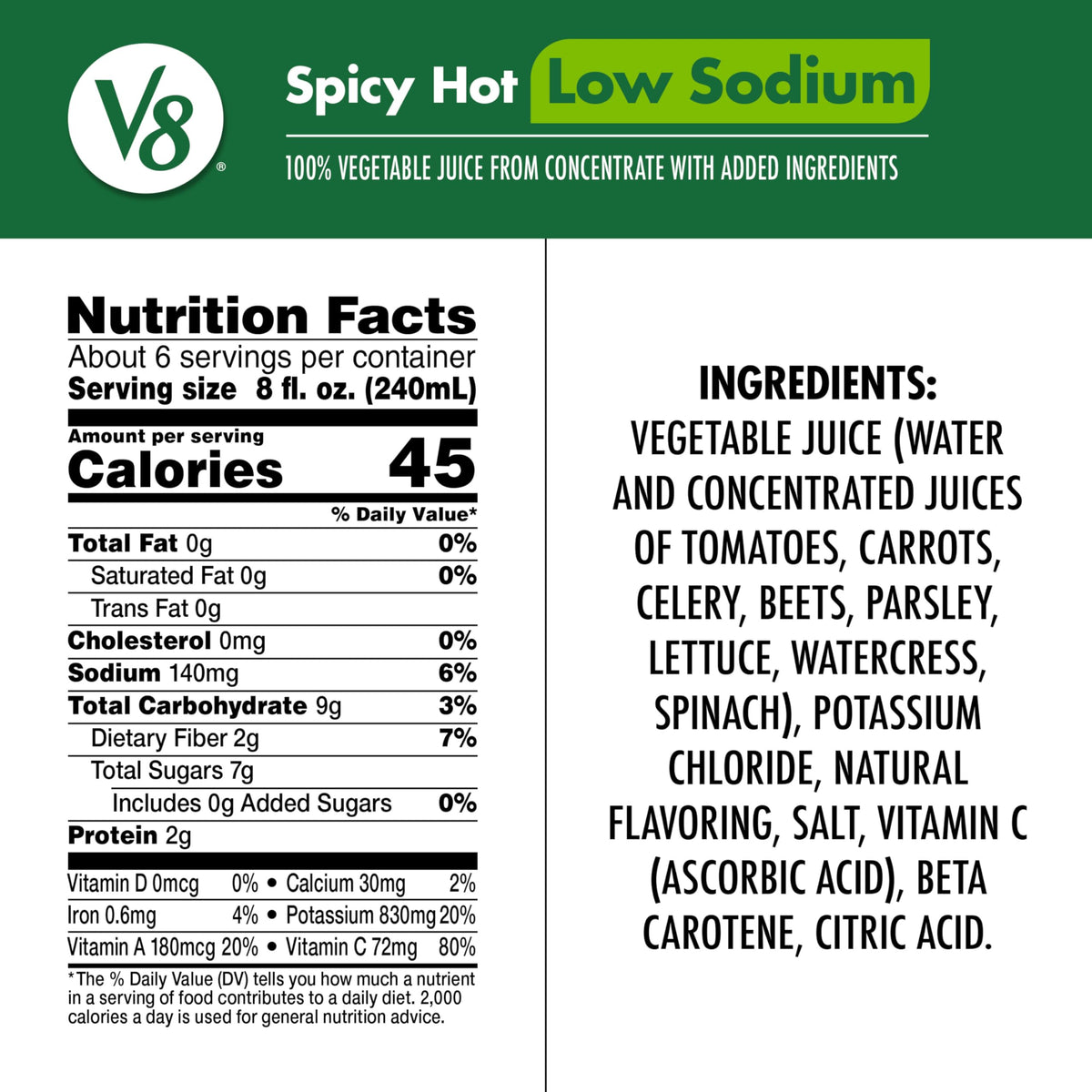 Six-pack display of V8 Low Sodium Spicy Hot for family meals.