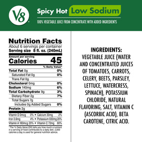 Six-pack display of V8 Low Sodium Spicy Hot for family meals.