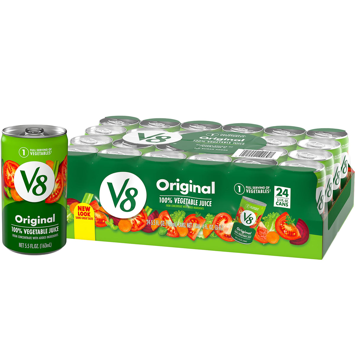 V8 Original 100% Vegetable Juice can with serving of vegetables for a veggie boost