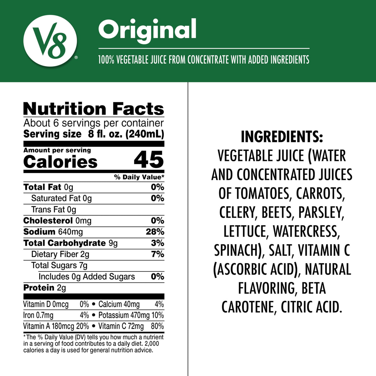 V8 Original juice being poured, convenient serving for meals or snacks.