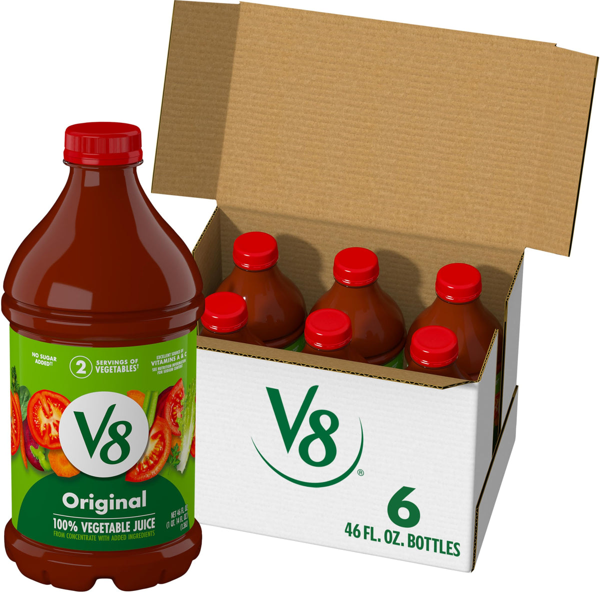 V8 Original bottle on display, easy pour for a veggie-rich daily routine.
