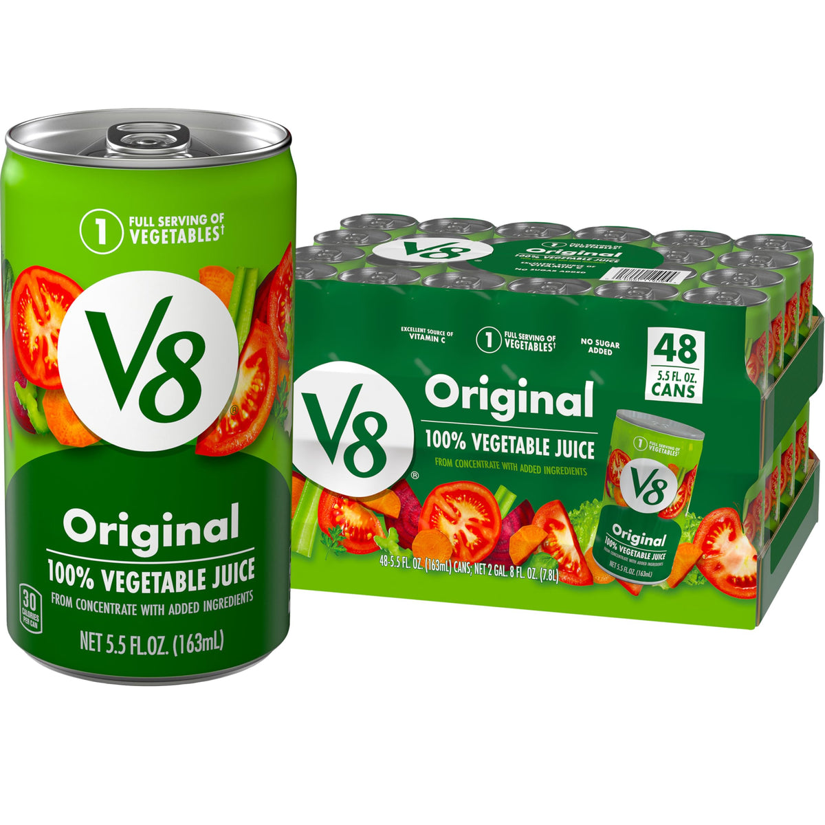 V8 Original vegetable juice can front view for on-the-go sipping.