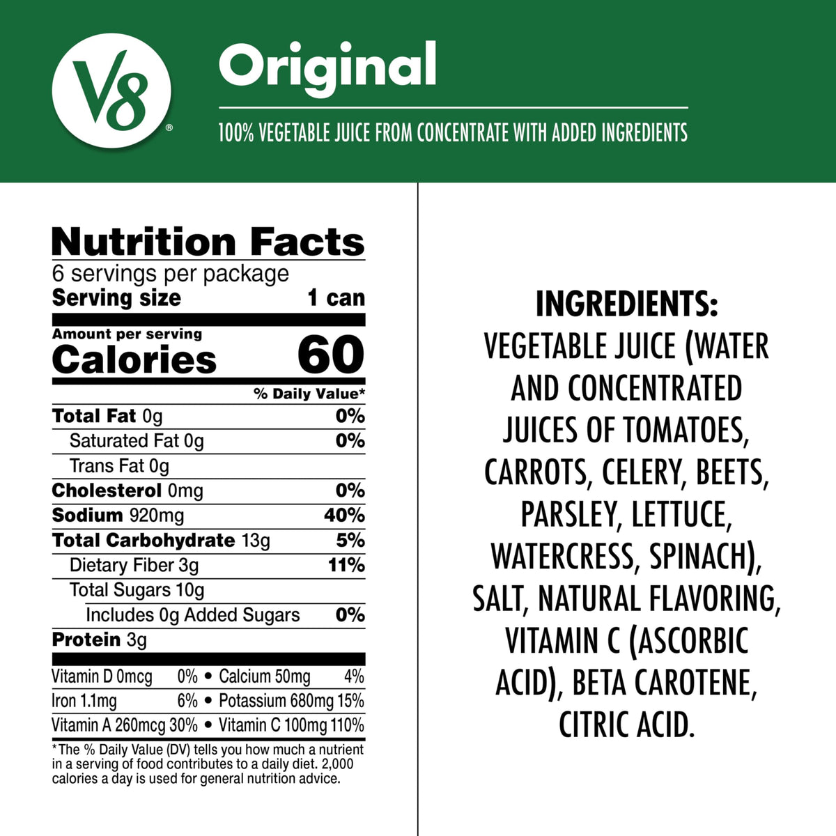 V8 Original nutrition panel highlights vitamins A and C.