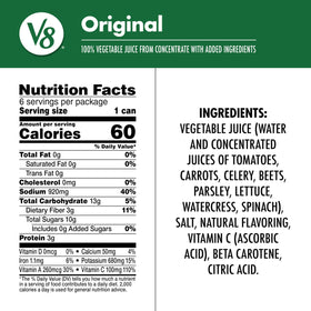 V8 Original nutrition panel highlights vitamins A and C.
