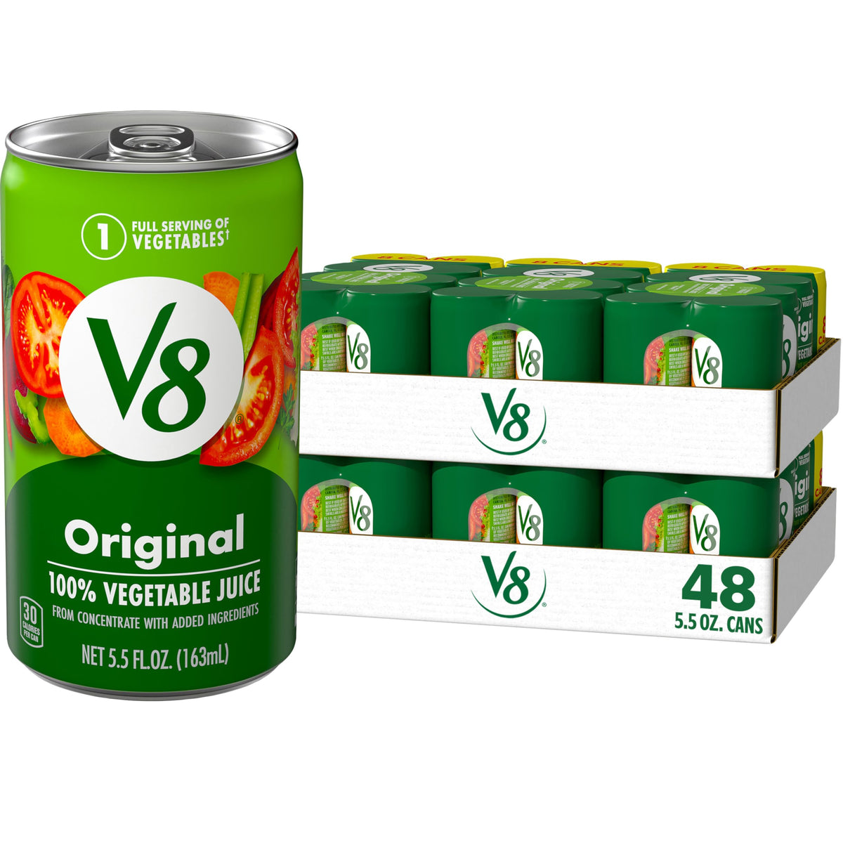 V8 Original vegetable juice six-pack can for convenient on-the-go veggie boost.