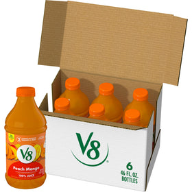 V8 Peach Mango juice bottle six pack ready for family breakfasts
