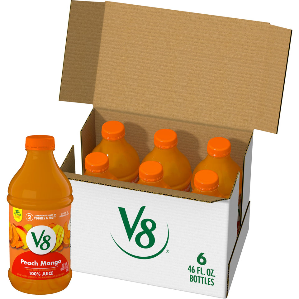V8 Peach Mango juice bottle six pack ready for family breakfasts