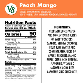 V8 Peach Mango juice pour close up showing tropical aroma