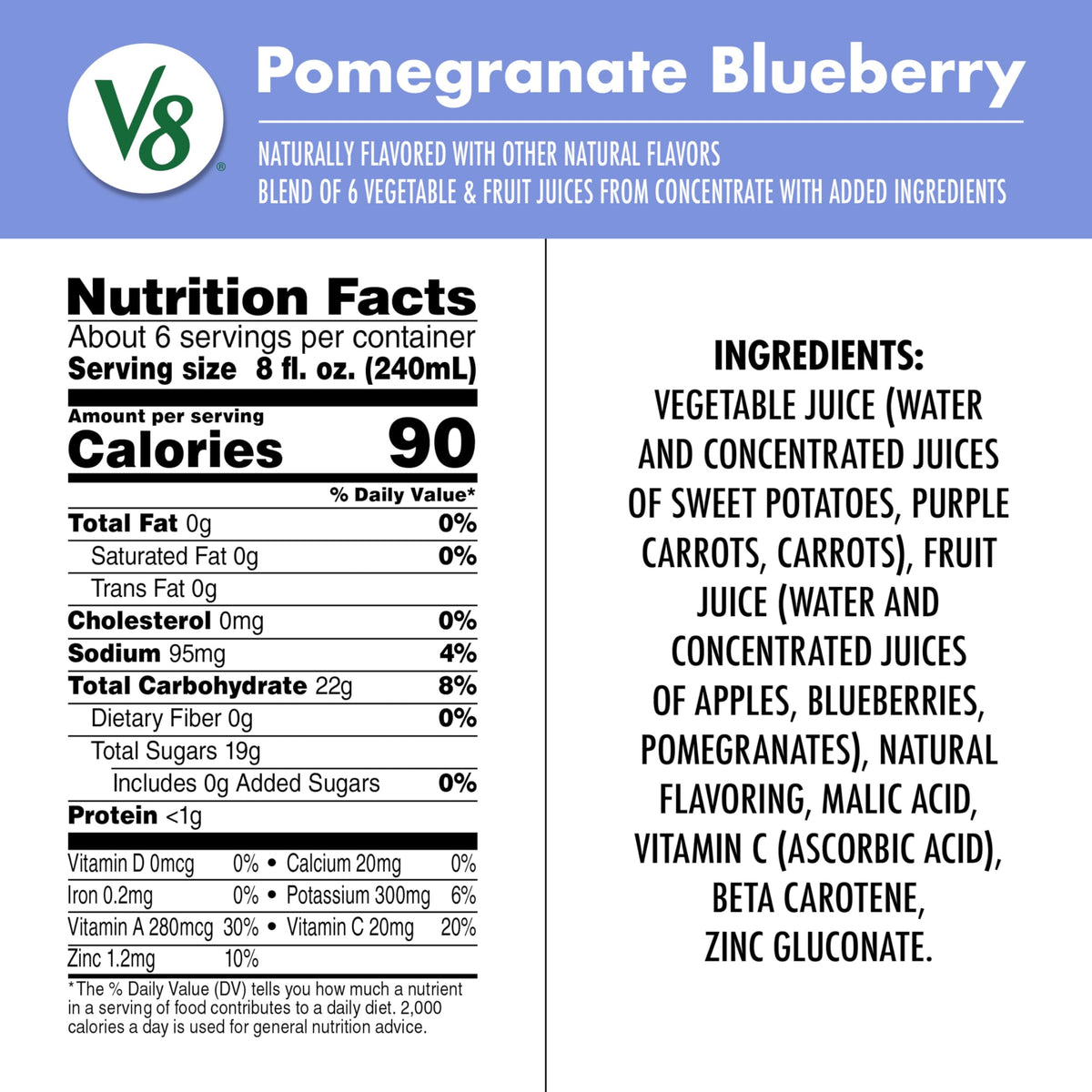 Six-pack display of V8 Pomegranate Blueberry for family meals and on-the-go