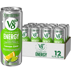 V8 Sparkling Energy Lemon Lime can front view offering a refreshing plant-based boost.