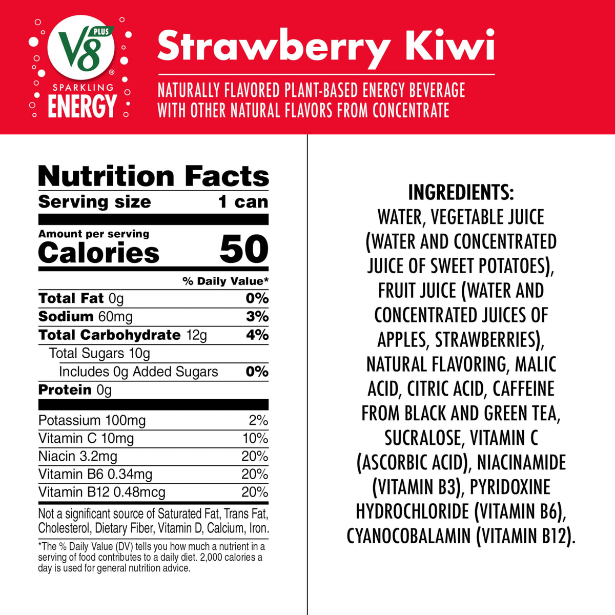 V8 +SPARKLING ENERGY ingredients label highlighting juice blend