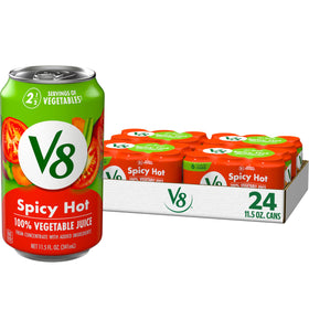V8 Spicy Hot 100% Vegetable Juice can with bold logo, savory blend.