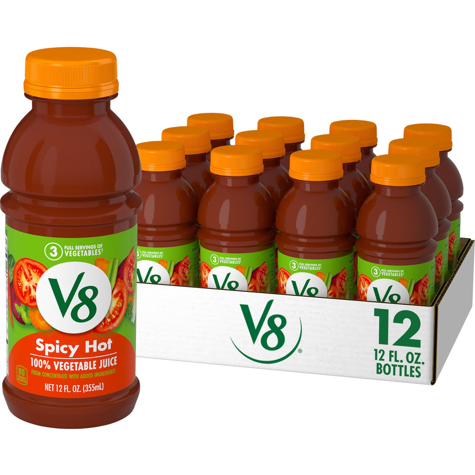 V8 Spicy Hot bottle front view for easy pantry grab.
