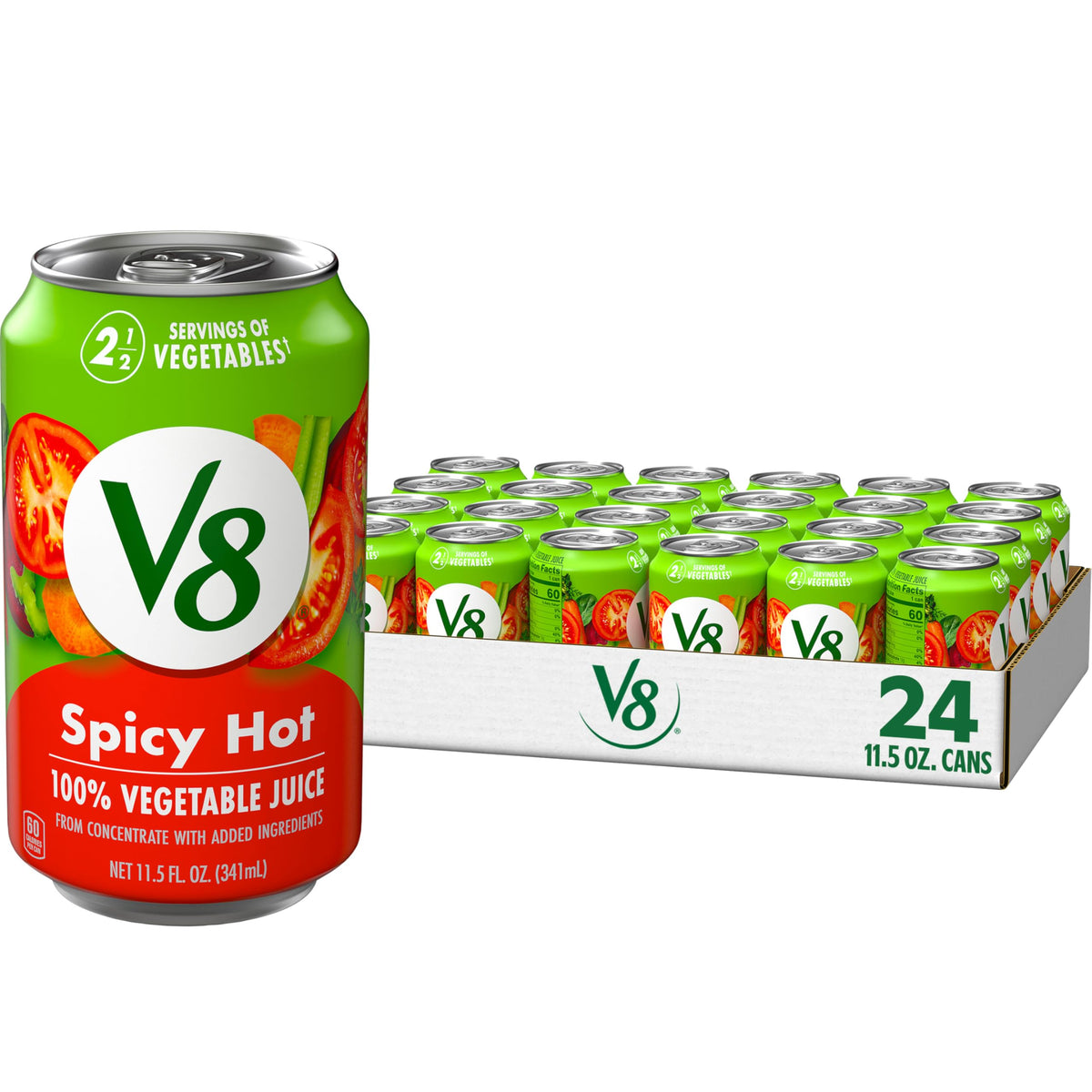 V8 Spicy Hot can front view, convenient 11.5 oz serving.
