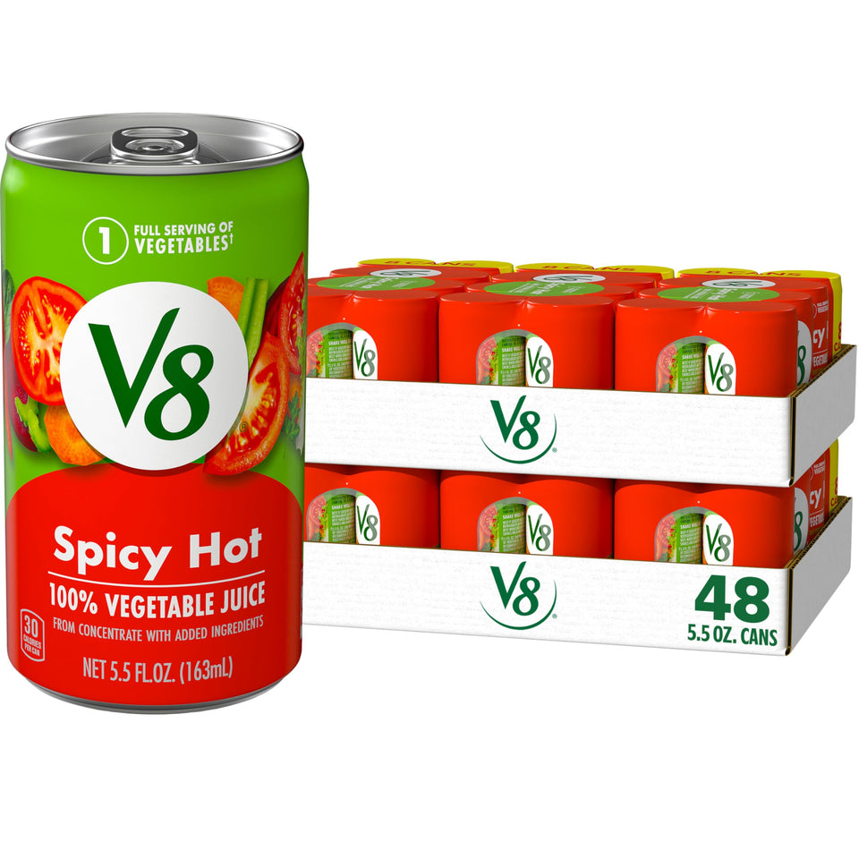 V8 Spicy Hot juice can front view for quick plant-powered refreshment.