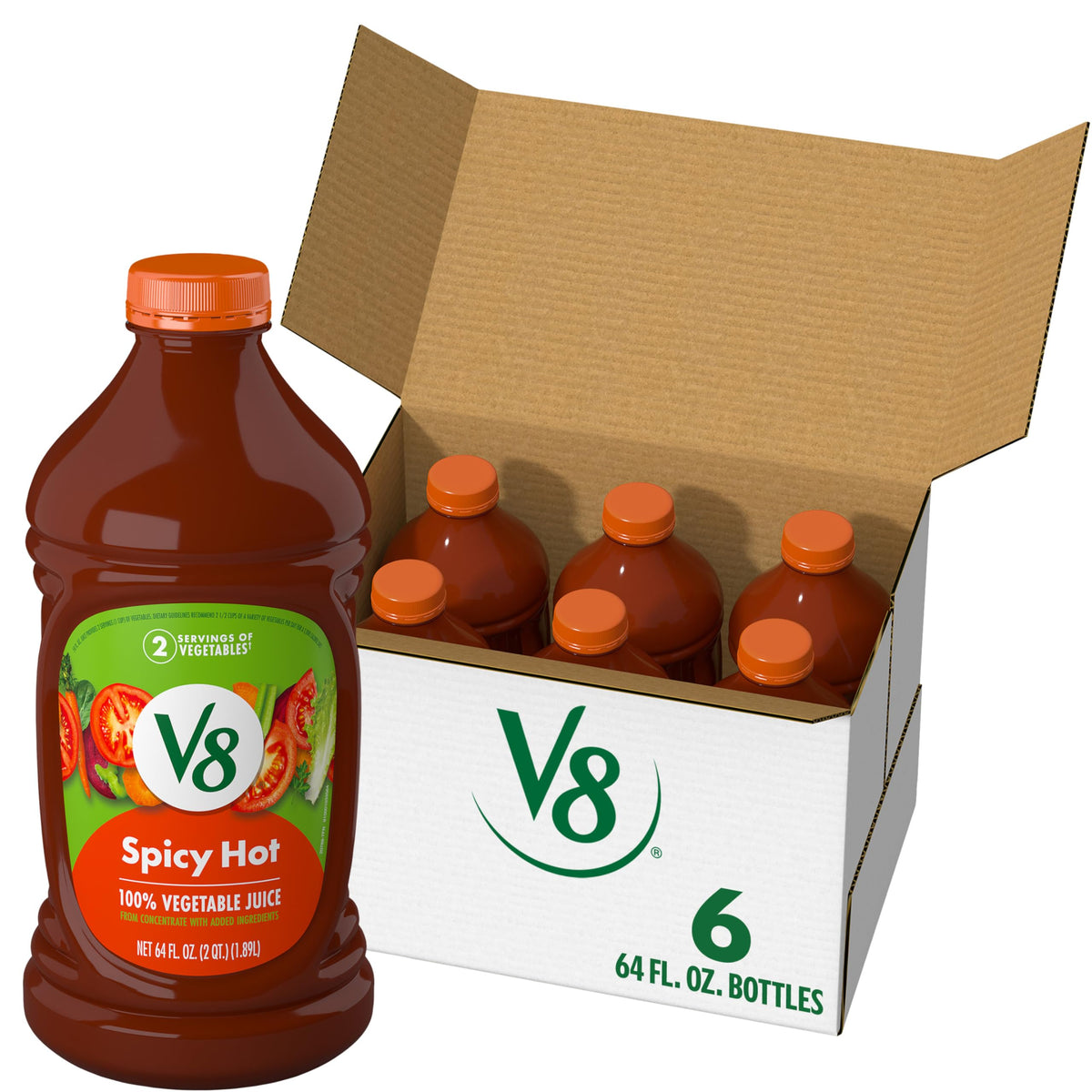 V8 Spicy Hot Vegetable Juice bottle six-pack front, convenient daily veggie boost.