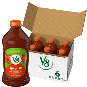 V8 Spicy Hot Vegetable Juice bottle six-pack front, convenient daily veggie boost.