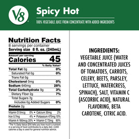 V8 Spicy Hot Vegetable Juice poured into a glass for savory sipping.