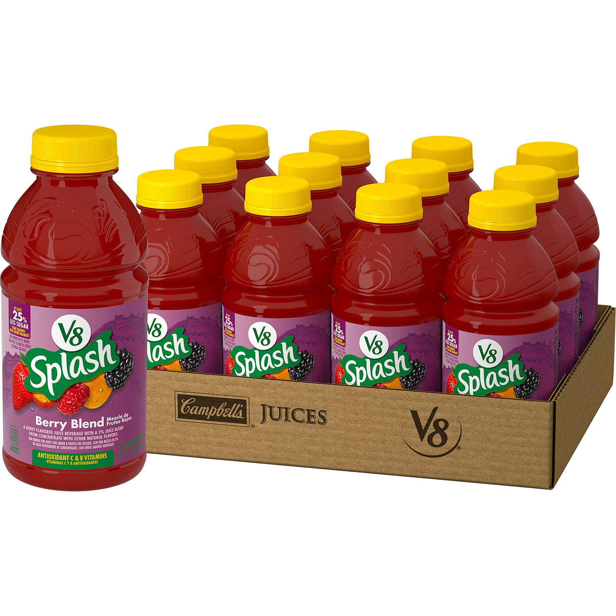 V8 Splash Berry Blend bottle shows a refreshing, lower-calorie berry drink option