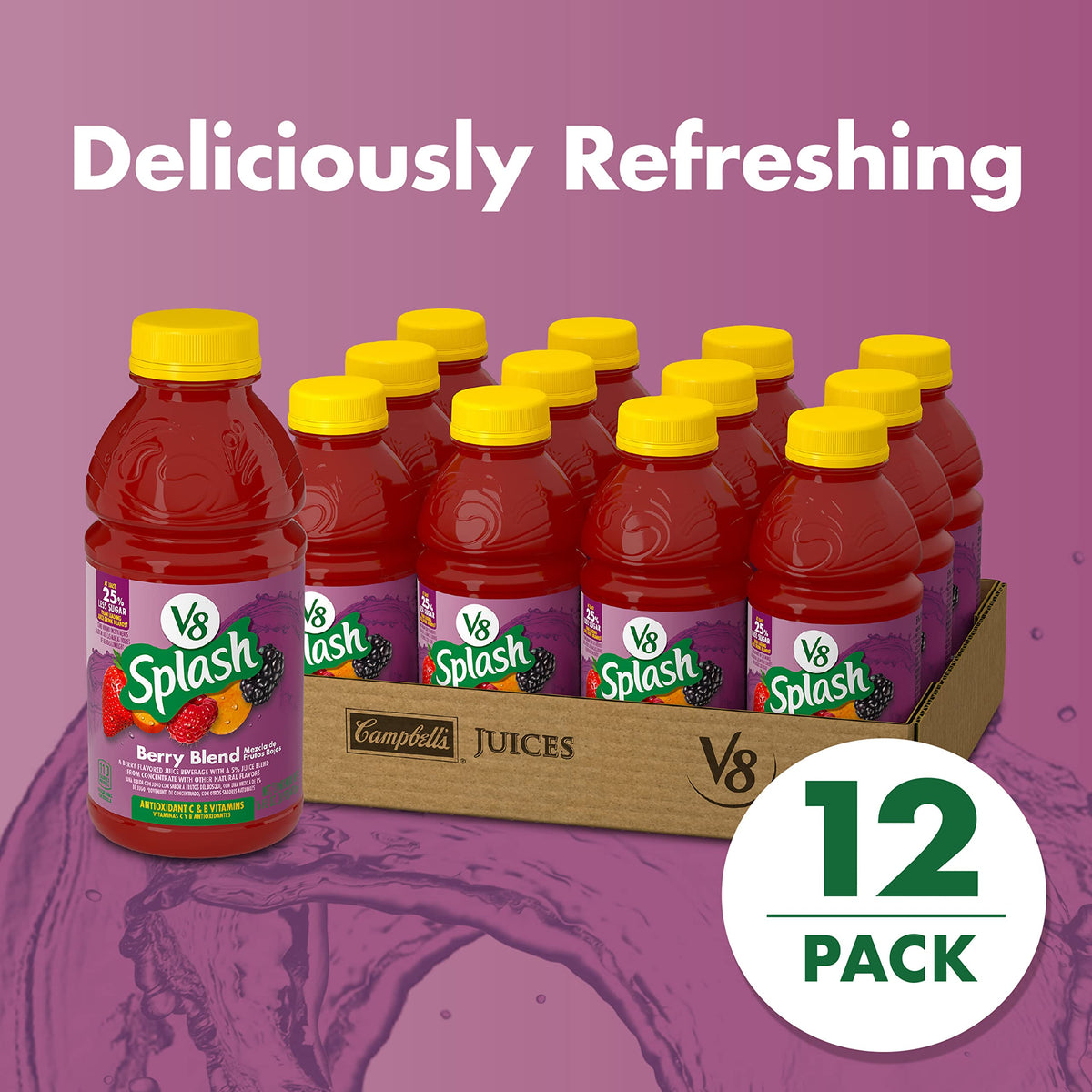 V8 Splash Berry Blend label highlights natural berry flavors and a 5% juice blend