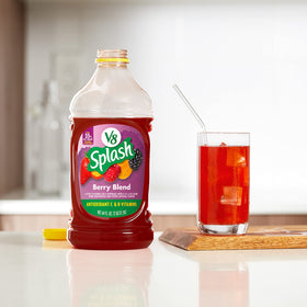 Chilled 64 oz V8 Splash Berry Blend bottle on display.