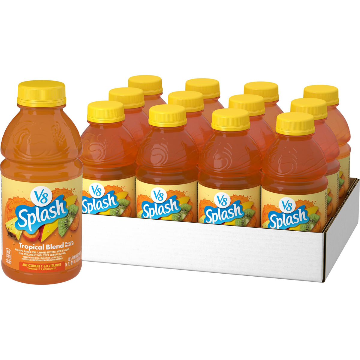 V8 Splash Tropical Blend bottle front, refreshing low-calorie fruit flavor.