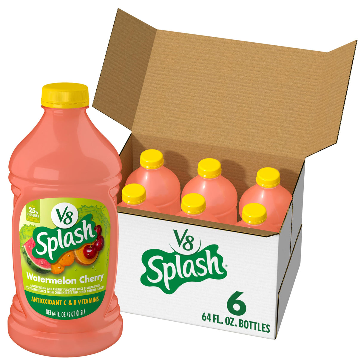 V8 Splash Watermelon Cherry bottle six-pack on countertop, a convenient low-sugar refreshment.