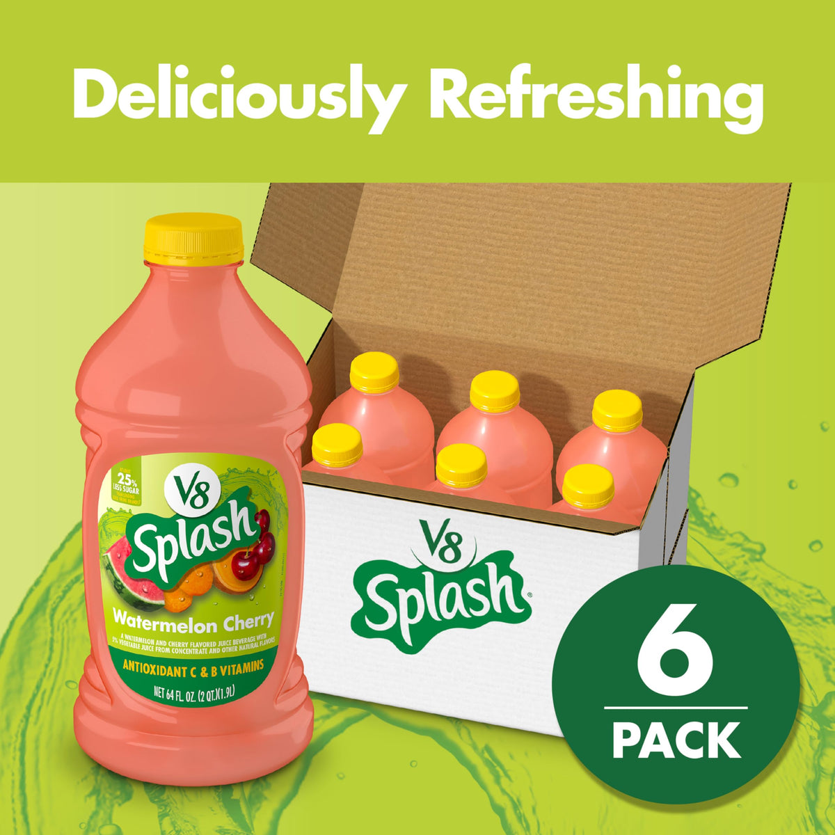 Pouring V8 Splash Watermelon Cherry into a glass for a quick fruity pick-me-up.
