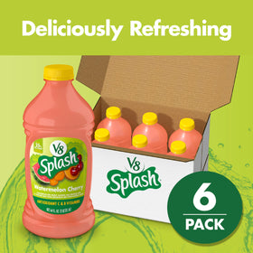Pouring V8 Splash Watermelon Cherry into a glass for a quick fruity pick-me-up.