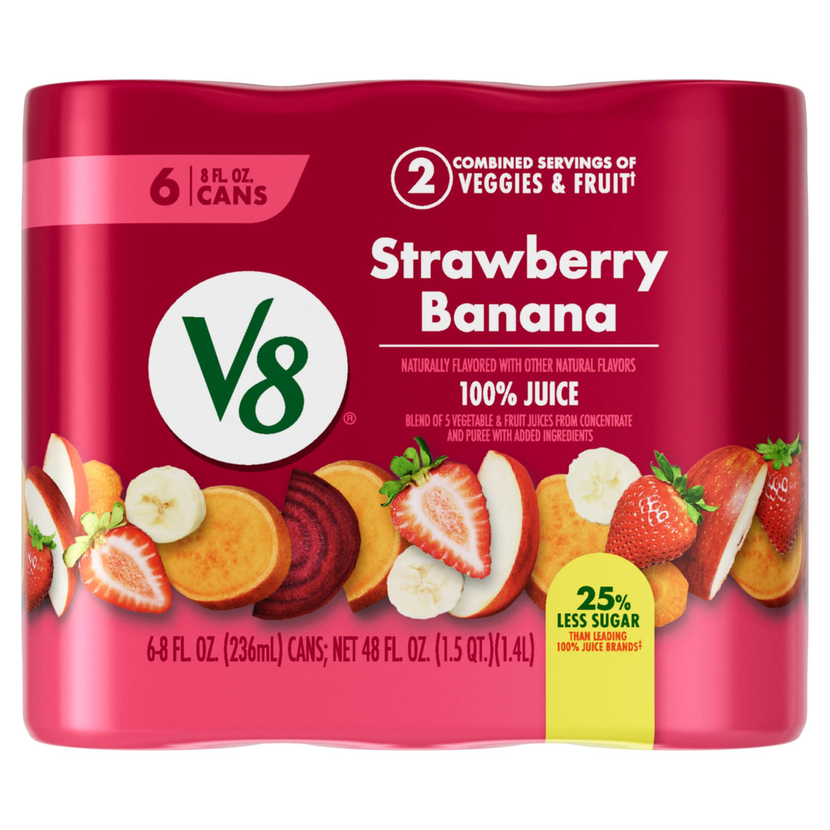 V8 Strawberry Banana breakfast pairing shows quick veggie-fruit boost.
