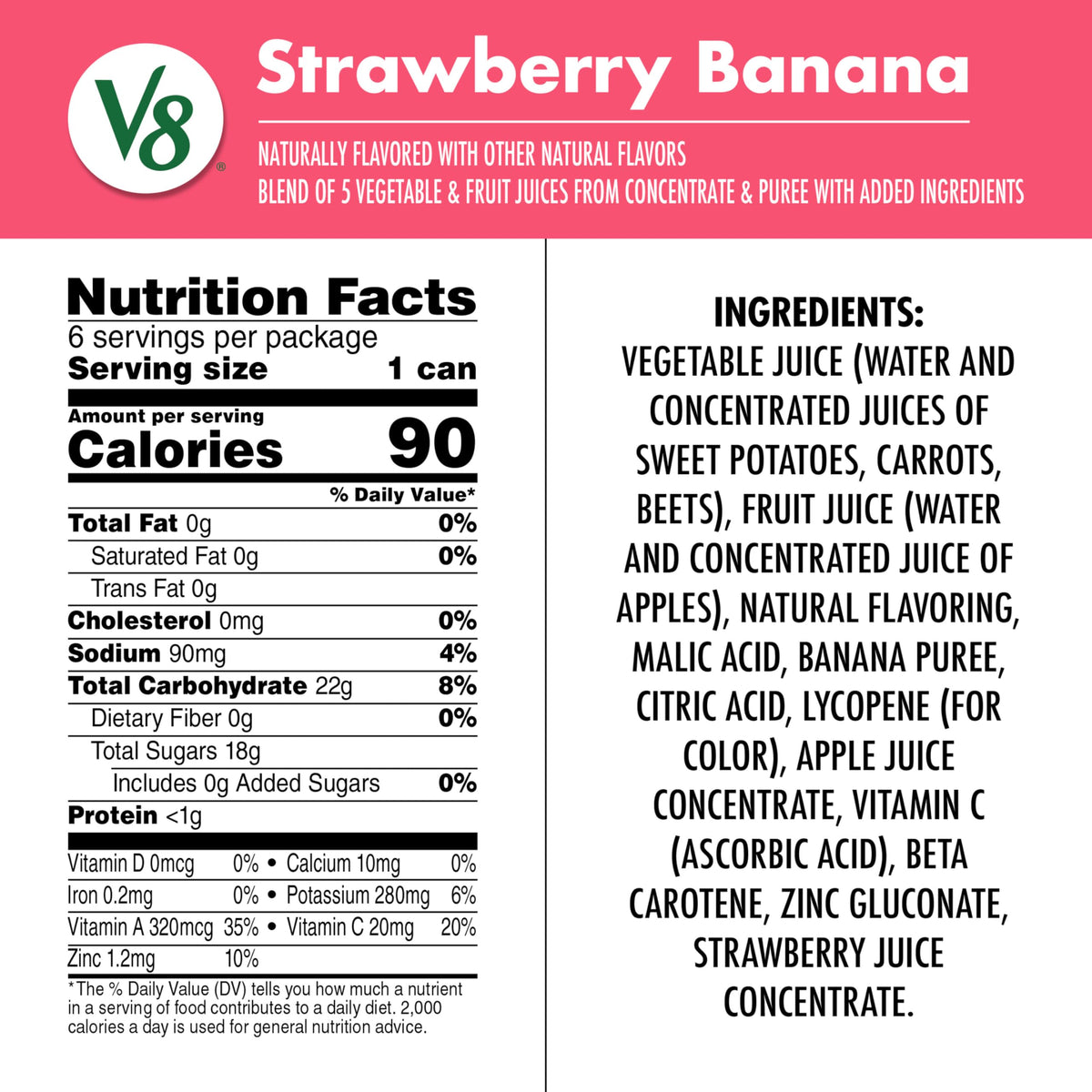 V8 Strawberry Banana can side view highlighting 8 fl oz serving.