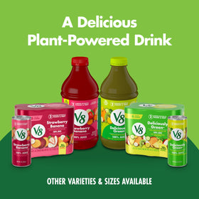 V8 Strawberry Banana gluten-free, non-GMO badge signals clean, plant-forward beverage.