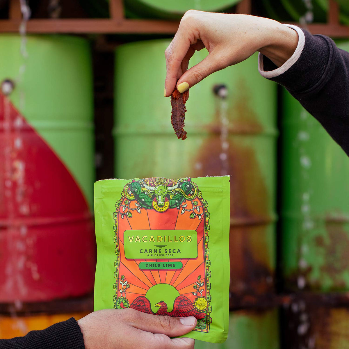 Vacadillos beef jerky Chile Lime 3-pack in bag emphasizes portable protein.