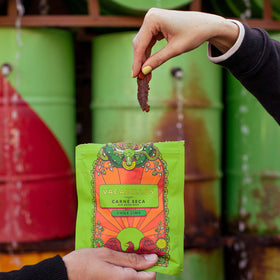 Vacadillos beef jerky Chile Lime 3-pack in bag emphasizes portable protein.