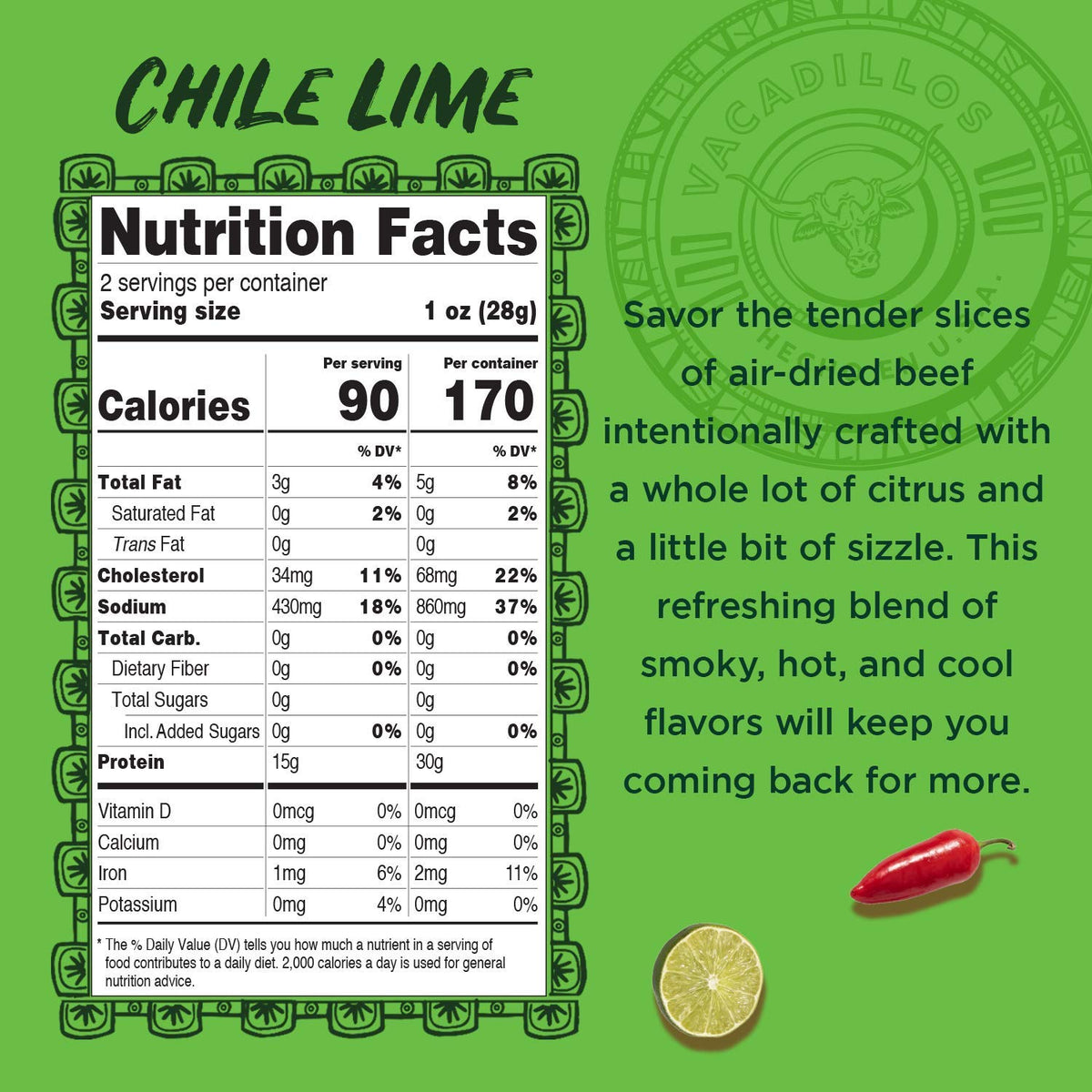 Vacadillos beef jerky Chile Lime 3-pack ready-to-eat snack for busy days.
