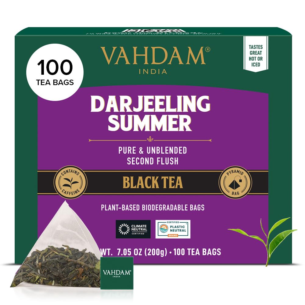 VAHDAM Darjeeling tea bags packshot, 100-count box for easy daily brewing.