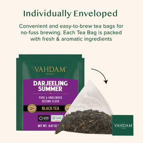VAHDAM pyramidal tea bags close-up, unfurling leaves for a richer brew.
