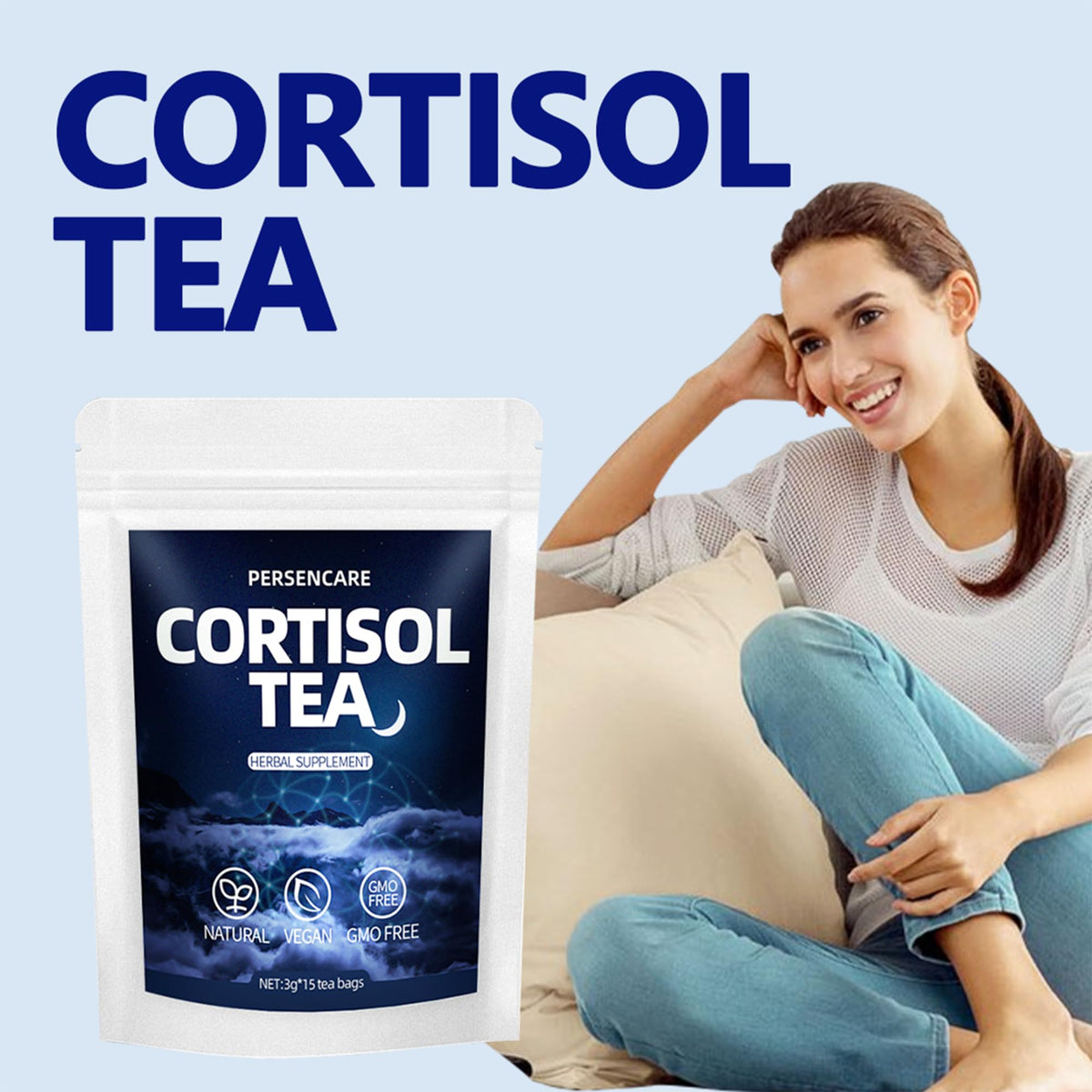 VAEYAE Cortisol Tea bag steeping signals quick stress relief.