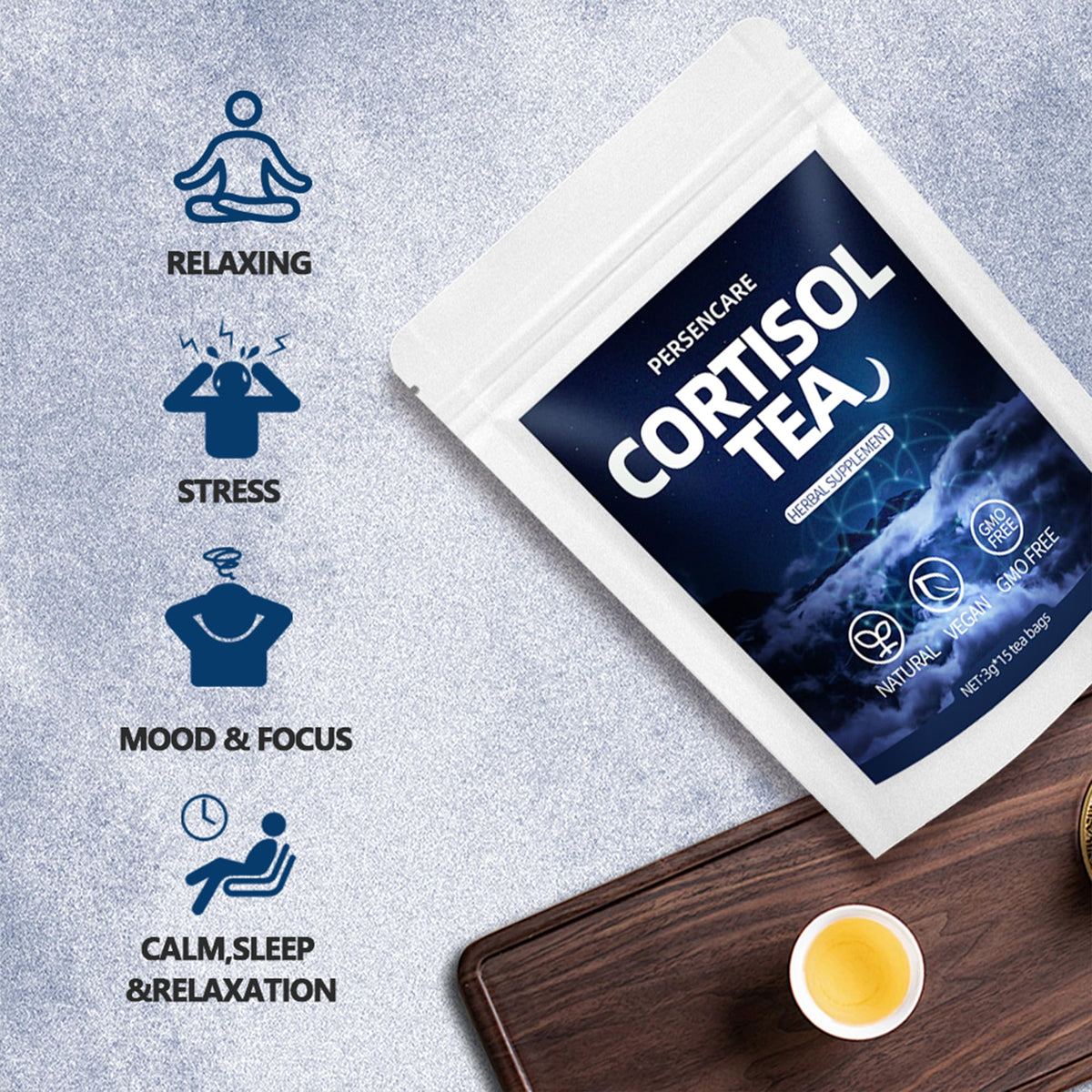 VAEYAE Cortisol Tea brew in glass demonstrates easy relaxation.