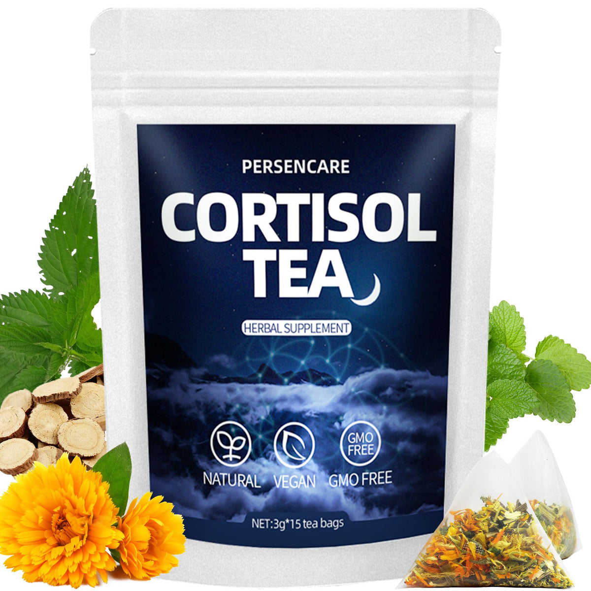 VAEYAE Cortisol Tea tin packaging invites a calm daily ritual.