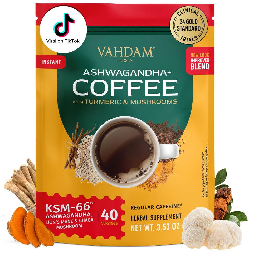 VAHDAM Ashwagandha coffee with turmeric and adaptogens in a bag, balanced morning ritual.