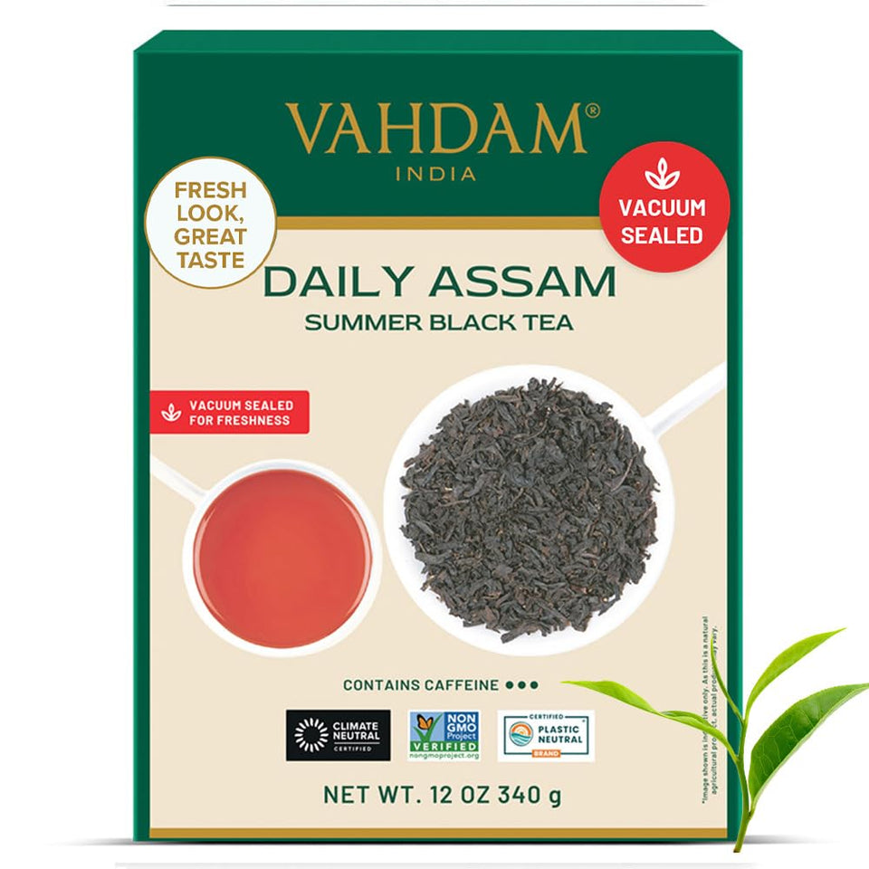 VAHDAM Assam Black Tea Leaves 340g pouch for a bold, energizing cup.