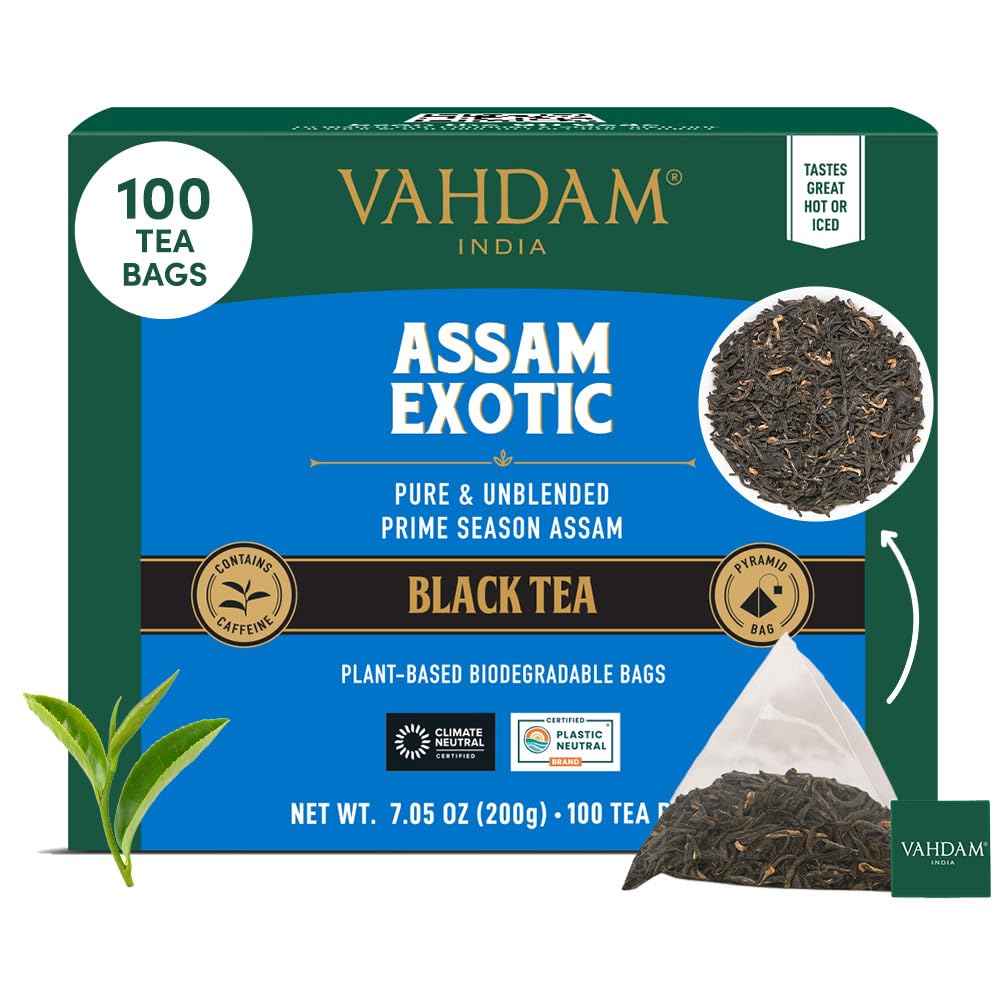 VAHDAM Assam Exotic Black Tea Bags in pyramid infuser for bold, full-bodied brew.