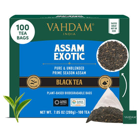 VAHDAM Assam Exotic Black Tea Bags in pyramid infuser for bold, full-bodied brew.