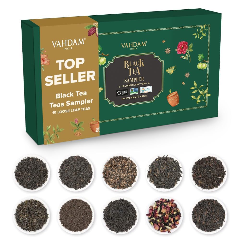 VAHDAM assorted black tea gift set packaging showcases 10 flavors